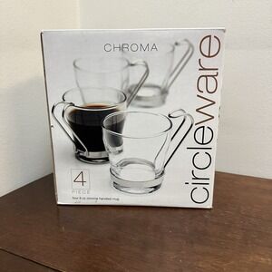 Circleware Chroma 4 Chrome Handle Glass Coffee Cappuccino Espresso Mugs NEW